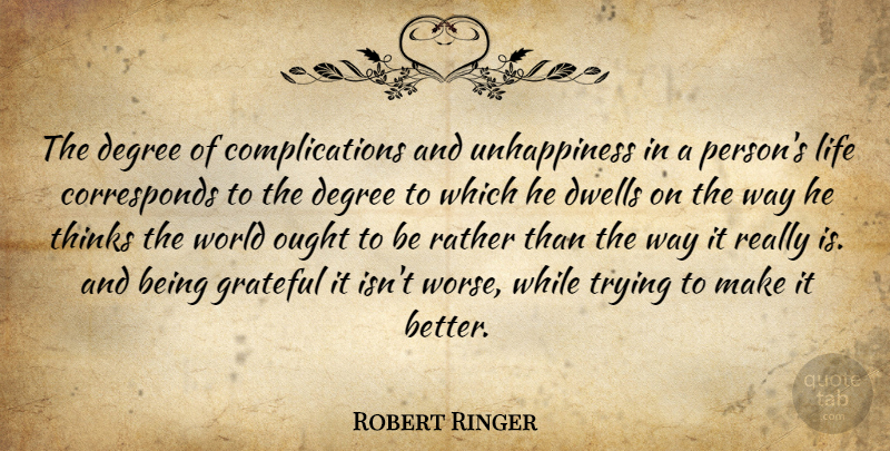 Robert Ringer Quote About Gratitude, Grateful, Thinking: The Degree Of Complications And...