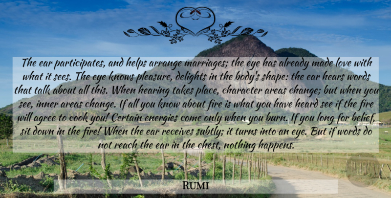 Rumi Quote About Character, Eye, Fire: The Ear Participates And Helps...