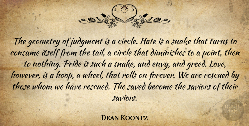 Dean Koontz Quote About Hate, Pride, Snakes: The Geometry Of Judgment Is...