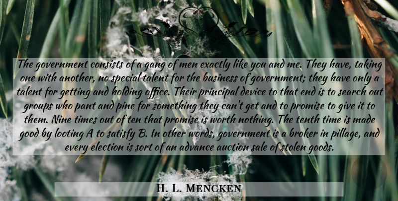 H. L. Mencken Quote About Men, Giving, Office: The Government Consists Of A...
