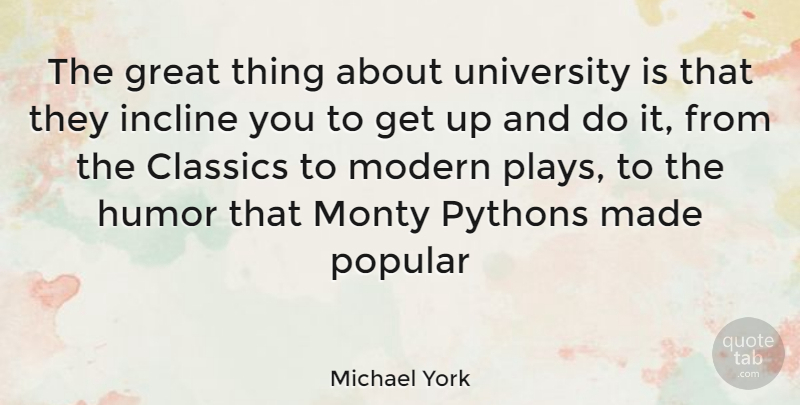 Michael York Quote About Python, Play, Modern: The Great Thing About University...