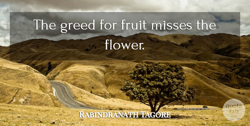 Rabindranath Tagore Quote About Flower, Missing, Greed: The Greed For Fruit Misses...