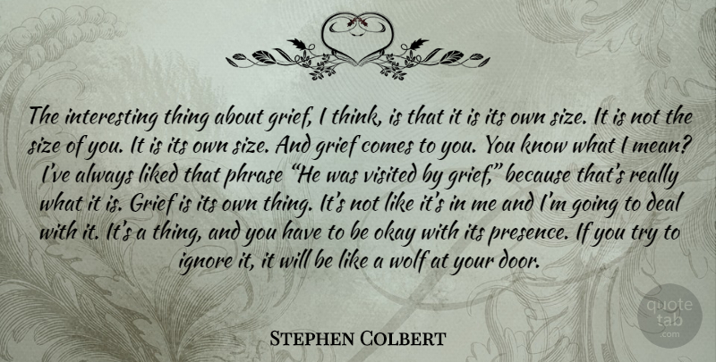 Stephen Colbert Quote About Grief, Mean, Thinking: The Interesting Thing About Grief...