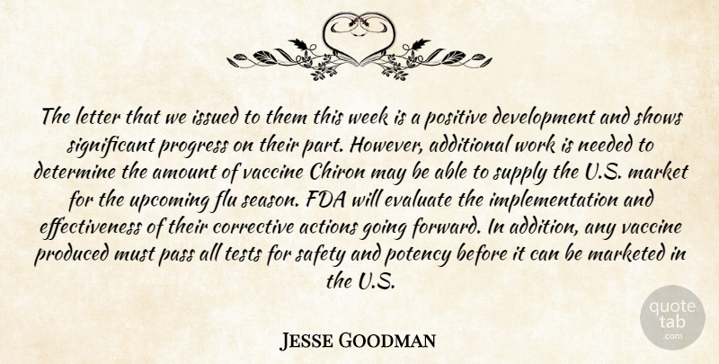Jesse Goodman Quote About Actions, Additional, Amount, Determine, Evaluate: The Letter That We Issued...