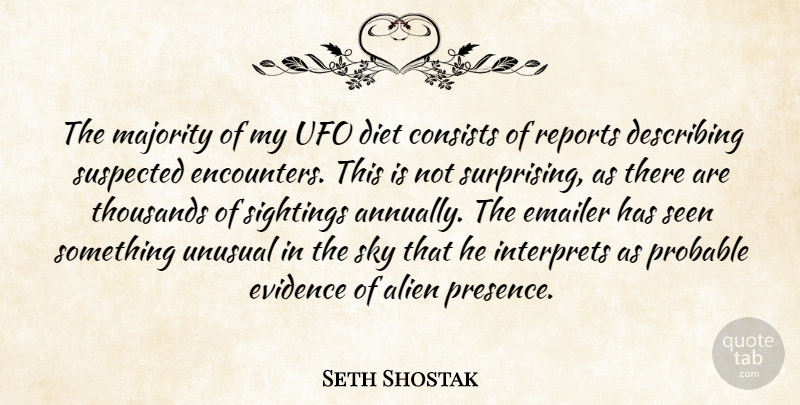 Seth Shostak Quote About Consists, Describing, Diet, Evidence, Majority: The Majority Of My Ufo...
