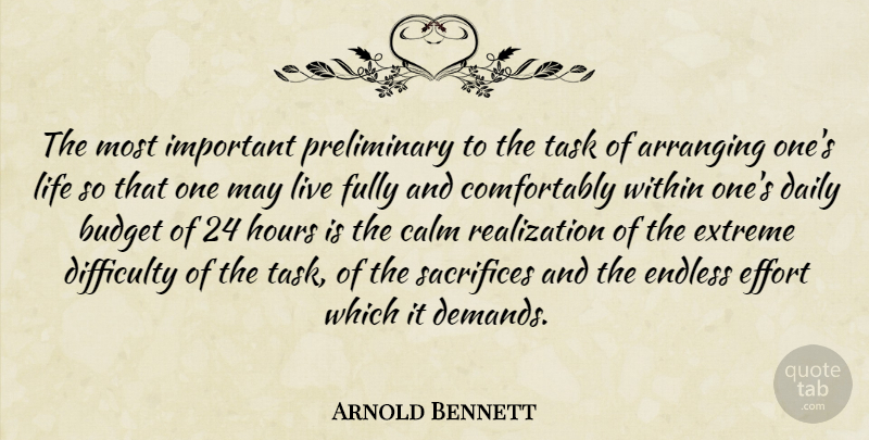 Arnold Bennett Quote About Life, Sacrifice, Effort: The Most Important Preliminary To...
