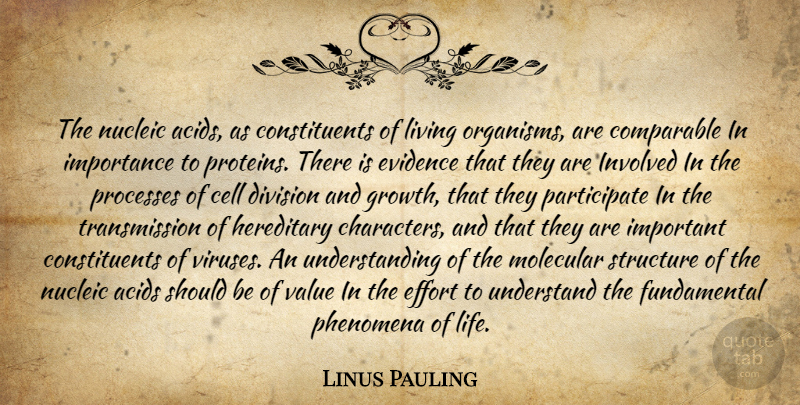 Linus Pauling Quote About Life, Character, Cells: The Nucleic Acids As Constituents...
