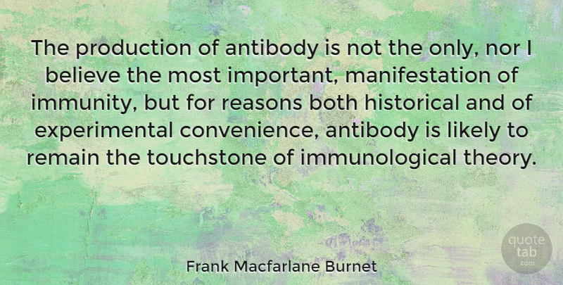 Frank Macfarlane Burnet Quote About Believe, Both, Historical, Likely, Remain: The Production Of Antibody Is...