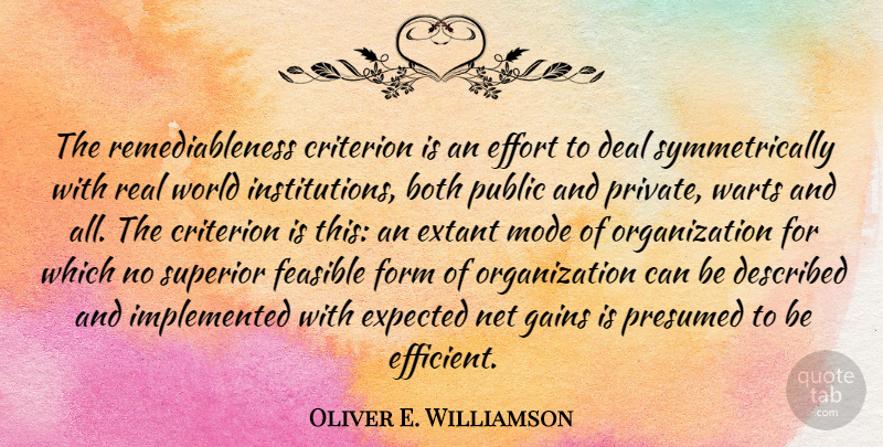 Oliver E. Williamson Quote About Both, Criterion, Deal, Feasible, Form: The Remediableness Criterion Is An...
