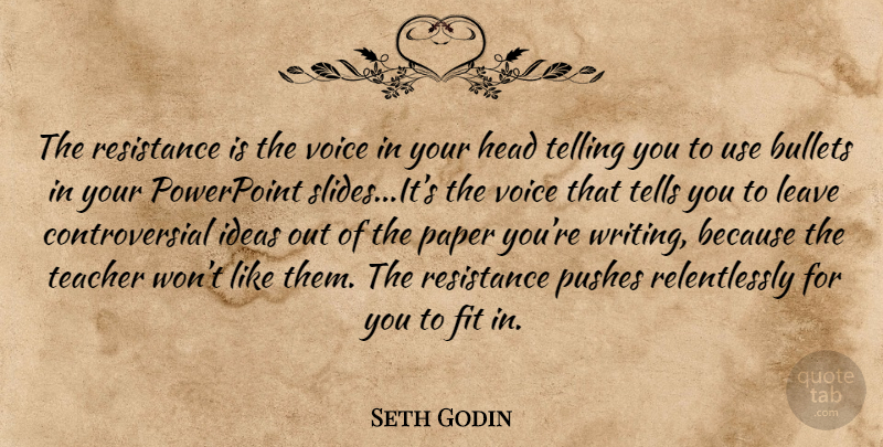 Seth Godin Quote About Teacher, Writing, Ideas: The Resistance Is The Voice...