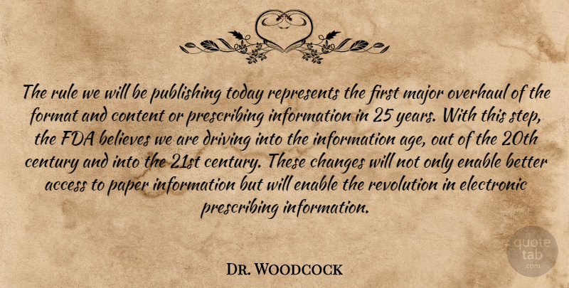 Dr. Woodcock Quote About Access, Believes, Century, Changes, Content: The Rule We Will Be...