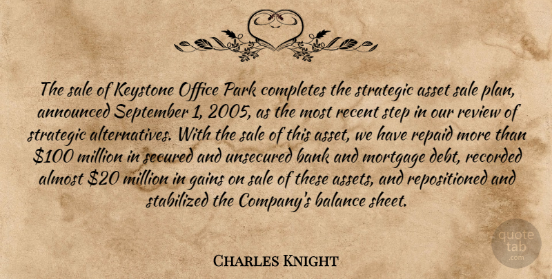 Charles Knight Quote About Almost, Announced, Asset, Balance, Bank: The Sale Of Keystone Office...