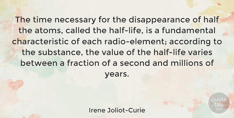 Irene Joliot-Curie Quote About According, Fraction, Half, Millions, Necessary: The Time Necessary For The...