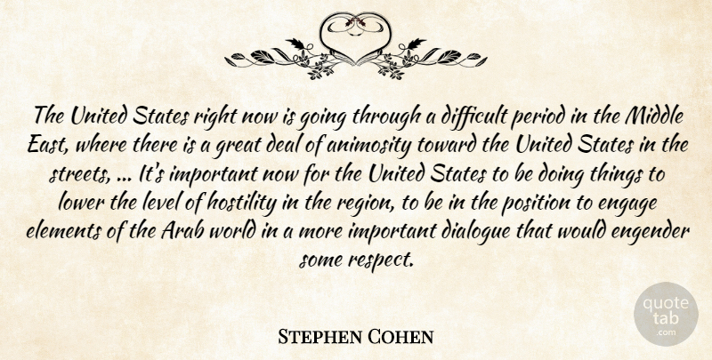 Stephen Cohen Quote About Animosity, Arab, Deal, Dialogue, Difficult: The United States Right Now...