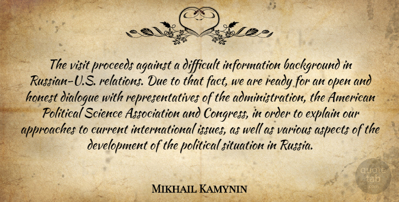 Mikhail Kamynin Quote About Against, Approaches, Aspects, Background, Current: The Visit Proceeds Against A...