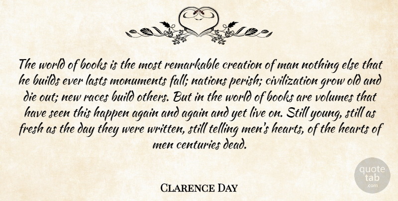 Clarence Day Quote About Again, Books, Books And Reading, Builds, Centuries: The World Of Books Is...