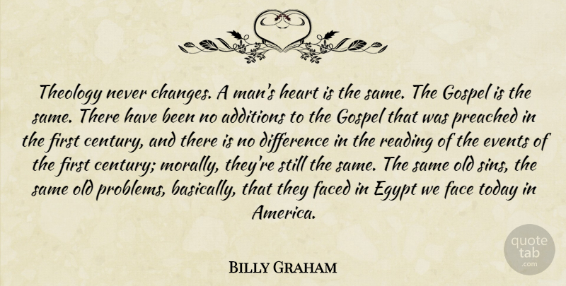 Billy Graham Quote About Difference, Egypt, Events, Faced, Gospel: Theology Never Changes A Mans...
