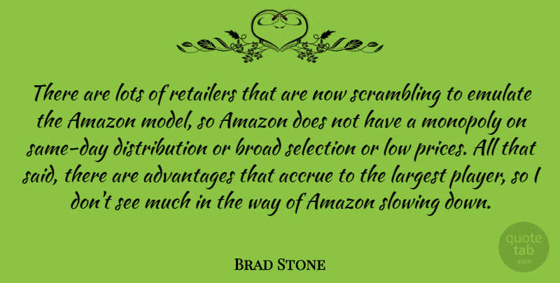 Brad Stone Quote About Advantages, Amazon, Broad, Emulate, Largest: There Are Lots Of Retailers...