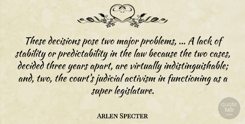 Arlen Specter Quote About Activism, Decided, Decisions, Judicial, Lack: These Decisions Pose Two Major...