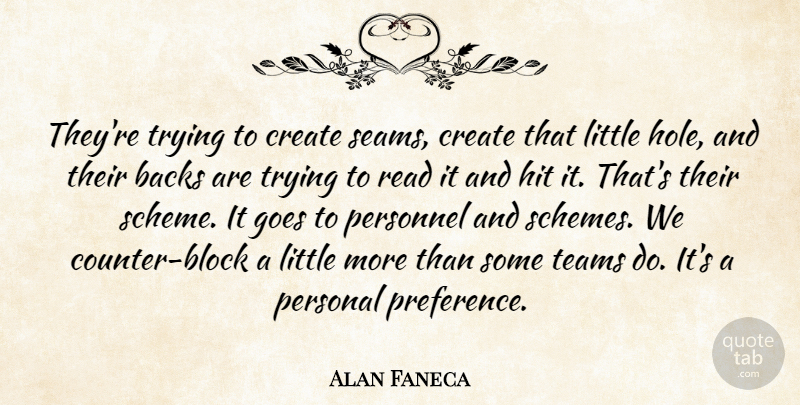 Alan Faneca Quote About Backs, Create, Goes, Hit, Personal: Theyre Trying To Create Seams...