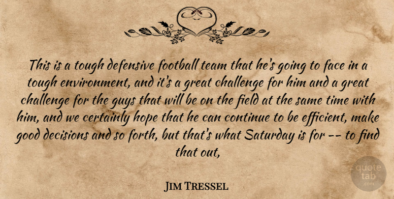 Jim Tressel Quote About Certainly, Challenge, Continue, Decisions, Defensive: This Is A Tough Defensive...