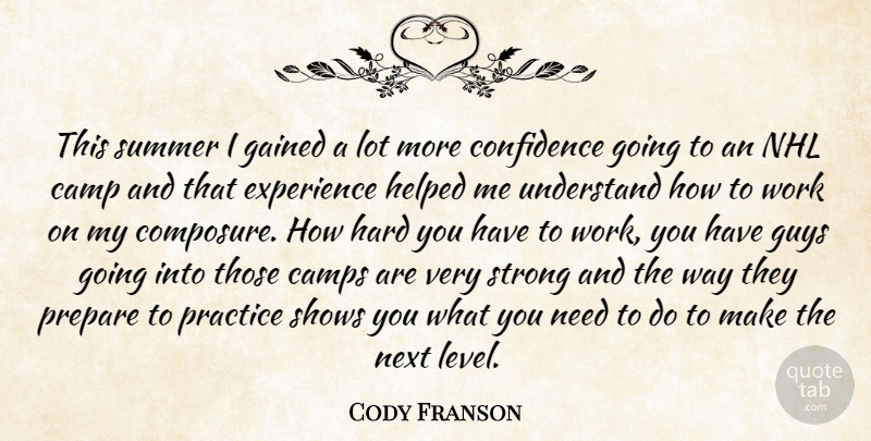 Cody Franson Quote About Camp, Camps, Confidence, Experience, Gained: This Summer I Gained A...