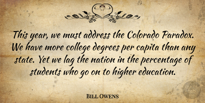 Bill Owens Quote About Address, Colorado, Degrees, Higher, Per: This Year We Must Address...