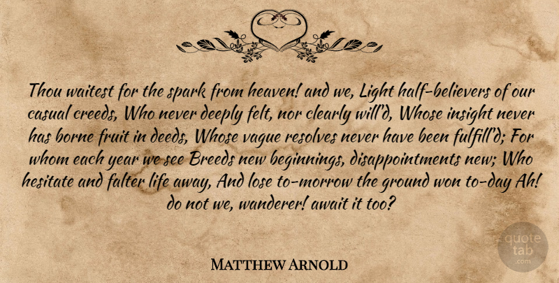 Matthew Arnold Quote About Disappointment, New Beginnings, Years: Thou Waitest For The Spark...