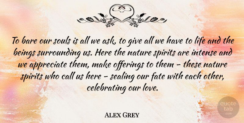Alex Grey Quote About Fate, Offering, Appreciate: To Bare Our Souls Is...