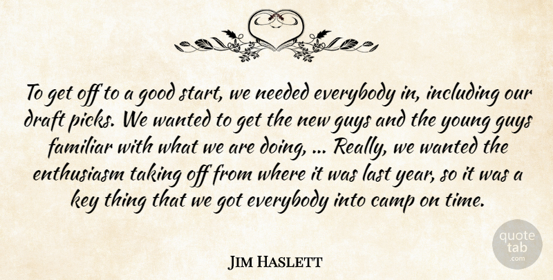 Jim Haslett Quote About Camp, Draft, Enthusiasm, Everybody, Familiar: To Get Off To A...