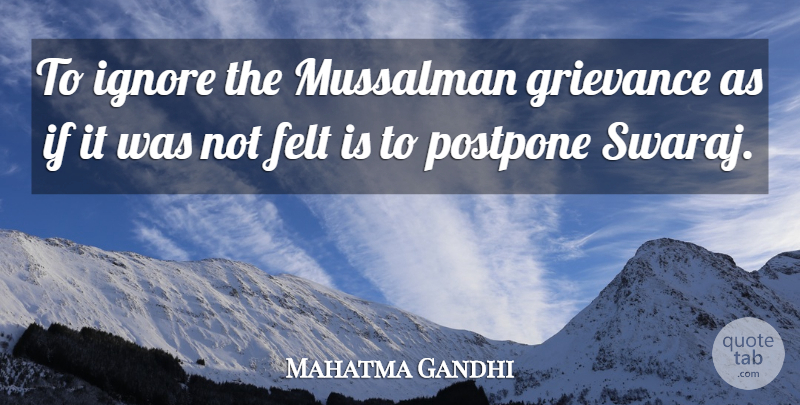 Mahatma Gandhi Quote About Grievance, Ifs, Felt: To Ignore The Mussalman Grievance...