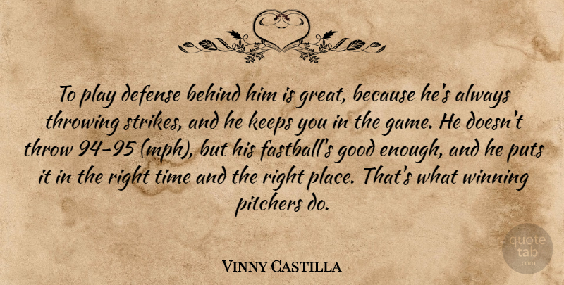 Vinny Castilla Quote About Behind, Defense, Good, Keeps, Pitchers: To Play Defense Behind Him...