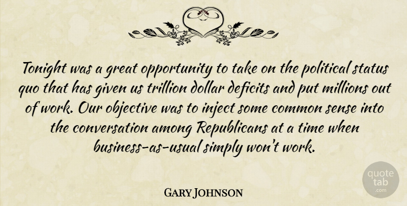 Gary Johnson Quote About Opportunity, Common Sense, Political: Tonight Was A Great Opportunity...