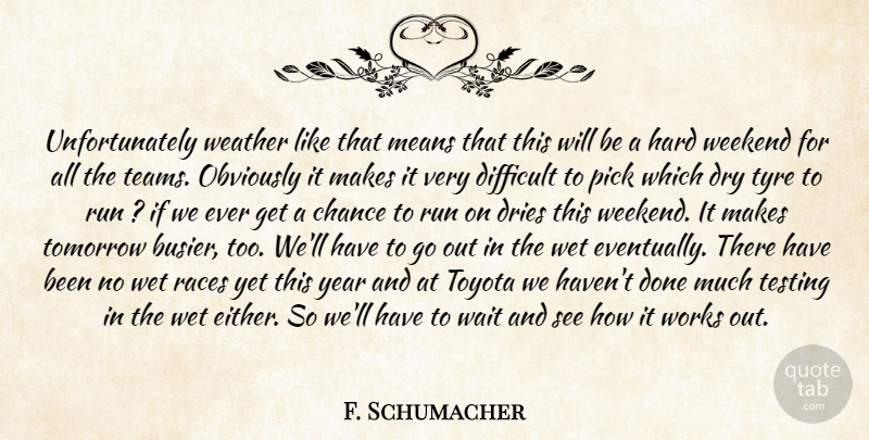 F. Schumacher Quote About Chance, Difficult, Dry, Hard, Means: Unfortunately Weather Like That Means...