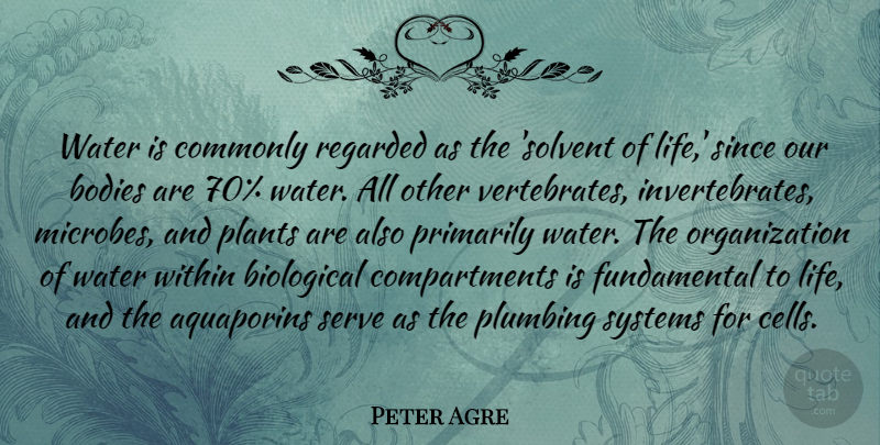 Peter Agre Quote About Biological, Bodies, Commonly, Life, Plants: Water Is Commonly Regarded As...