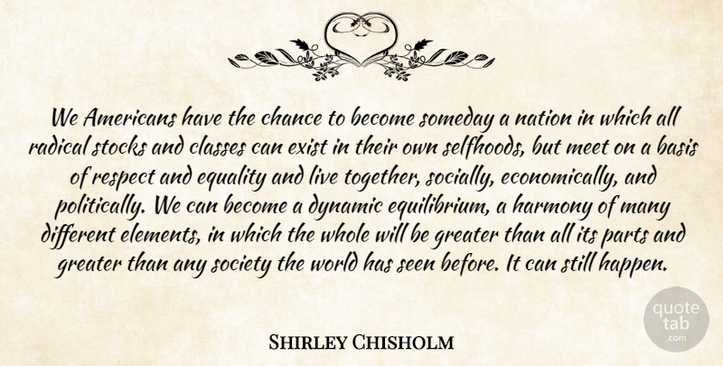 Shirley Chisholm Quote About Basis, Chance, Classes, Dynamic, Equality: We Americans Have The Chance...
