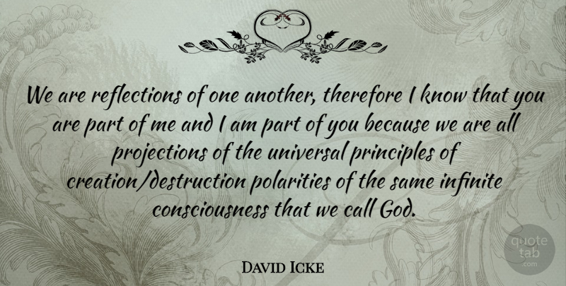 David Icke Quote About Call, Consciousness, God, Therefore, Universal: We Are Reflections Of One...