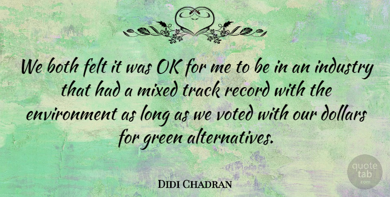 Didi Chadran Quote About Both, Dollars, Environment, Felt, Green: We Both Felt It Was...