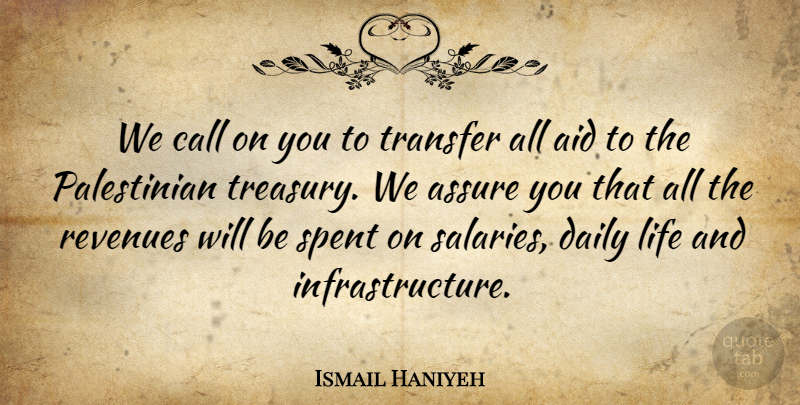 Ismail Haniyeh Quote About Aid, Assure, Call, Daily, Life: We Call On You To...
