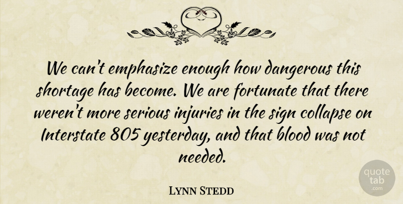 Lynn Stedd Quote About Blood, Collapse, Dangerous, Emphasize, Fortunate: We Cant Emphasize Enough How...