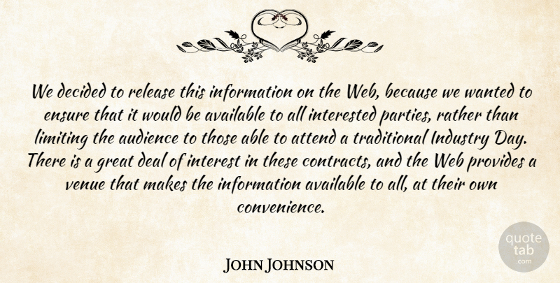 John Johnson Quote About Attend, Audience, Available, Deal, Decided: We Decided To Release This...