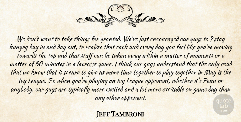 Jeff Tambroni Quote About Encouraged, Excited, Game, Guys, Hungry: We Dont Want To Take...