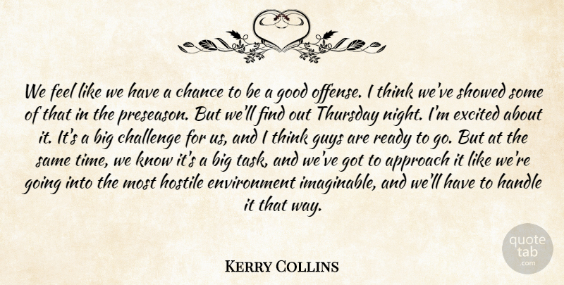 Kerry Collins Quote About Approach, Challenge, Chance, Environment, Excited: We Feel Like We Have...