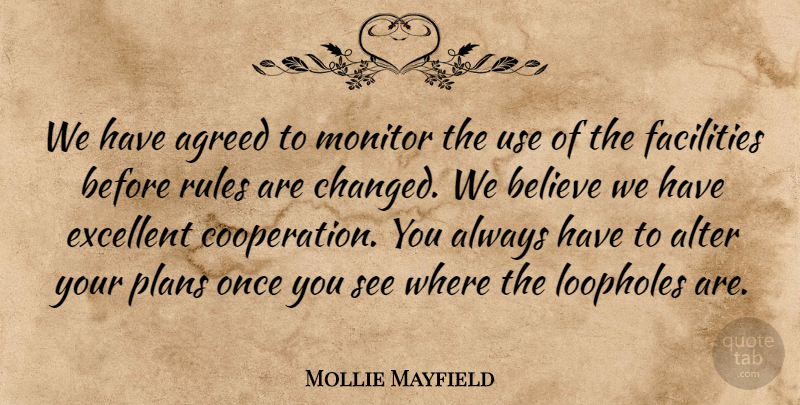 Mollie Mayfield Quote About Agreed, Alter, Believe, Cooperation, Excellent: We Have Agreed To Monitor...