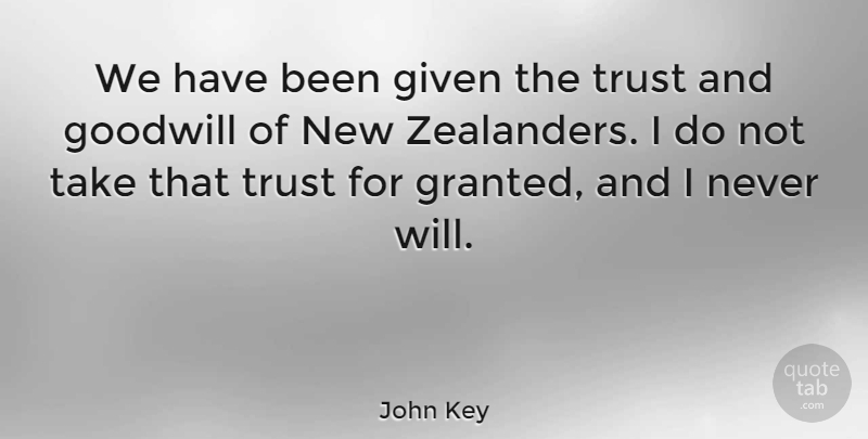 John Key Quote About Granted, Given, Goodwill: We Have Been Given The...