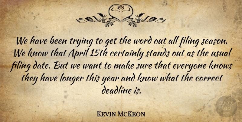 Kevin McKeon Quote About April, Certainly, Correct, Deadline, Filing: We Have Been Trying To...