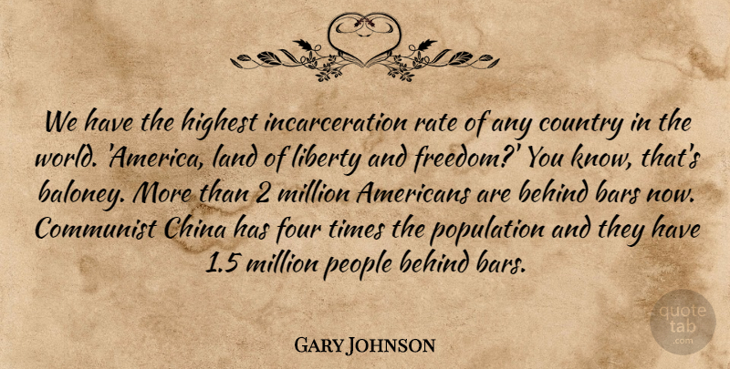 Gary Johnson Quote About Bars, Behind, Communist, Country, Four: We Have The Highest Incarceration...