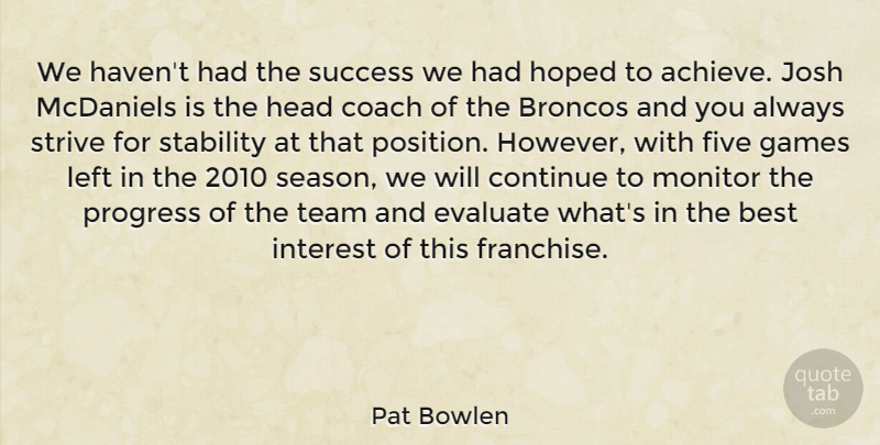 Pat Bowlen Quote About Best, Coach, Continue, Evaluate, Five: We Havent Had The Success...