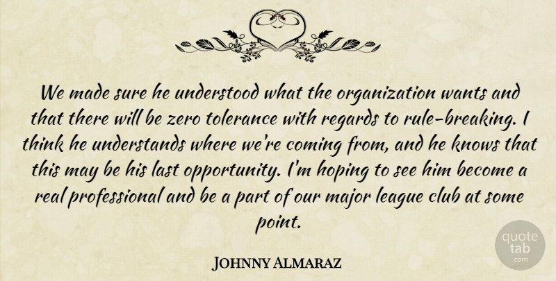 Johnny Almaraz Quote About Club, Coming, Hoping, Knows, Last: We Made Sure He Understood...