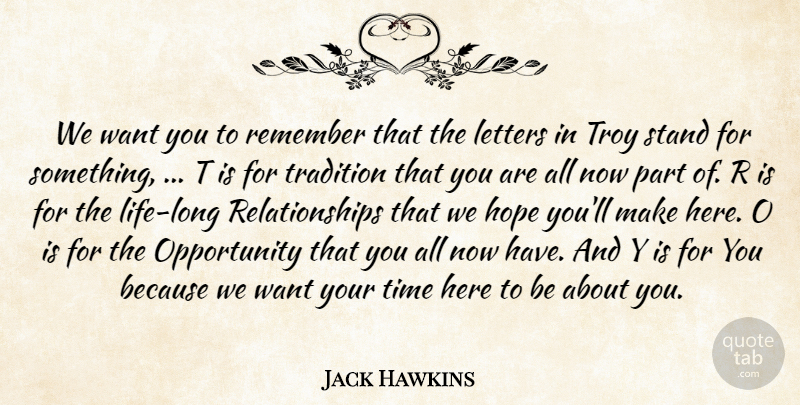Jack Hawkins Quote About Hope, Letters, Opportunity, Relationships, Remember: We Want You To Remember...